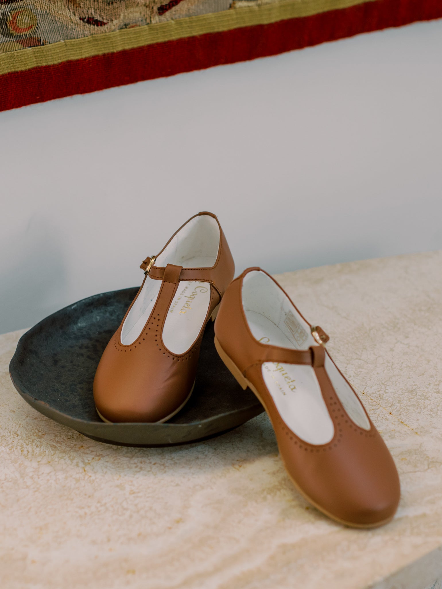 Dark Tan Leather Girl T-Bar Shoes