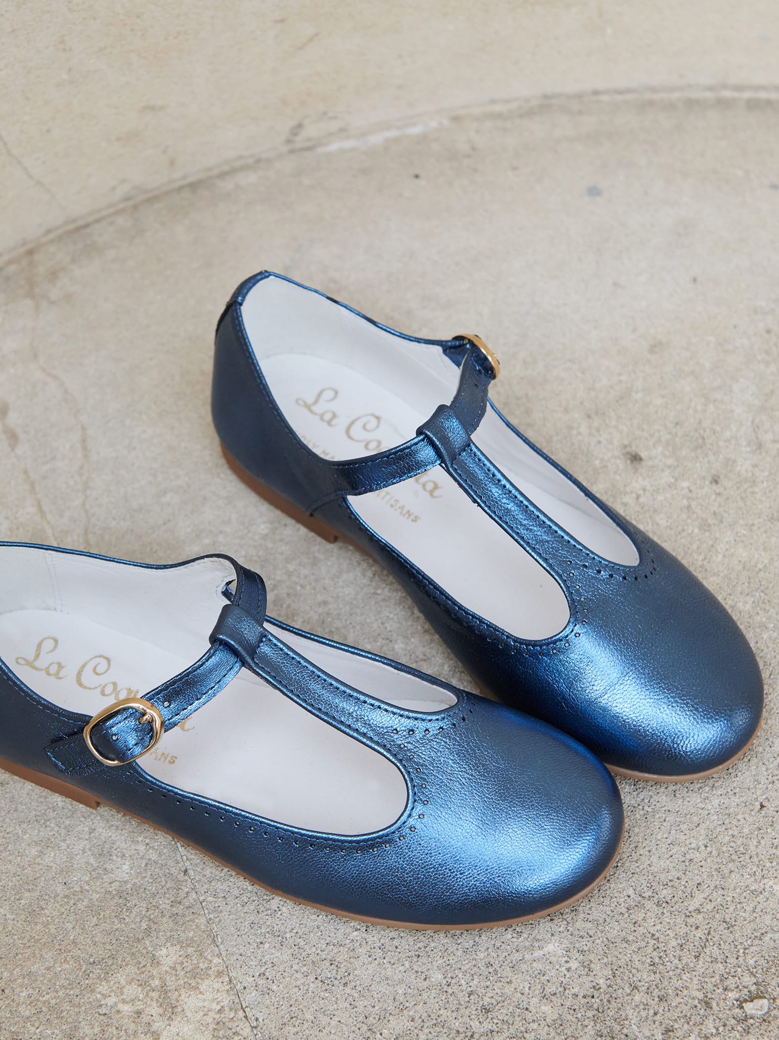 Blue Metallic Leather Girl T-Bar Shoes