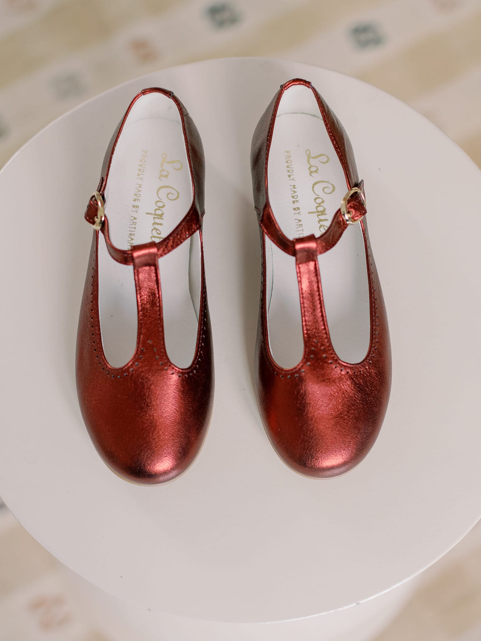 Red Metallic Leather Girl T-Bar Shoes