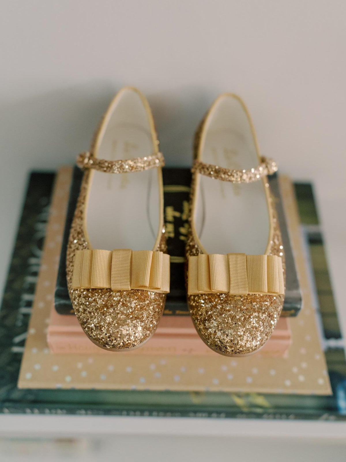 Glitter Gold Leather Girl Bow Mary Jane Shoes