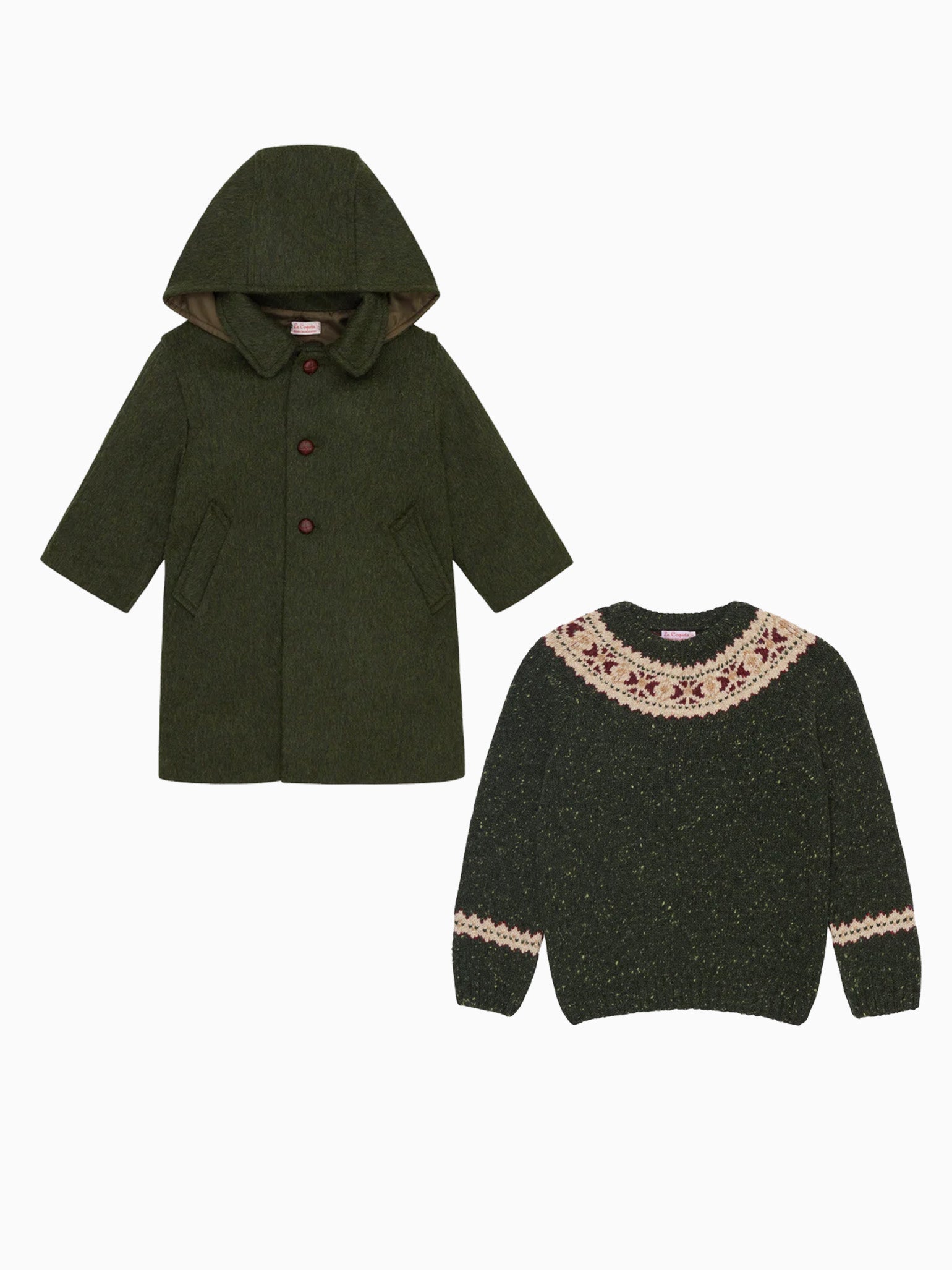 Green Fair Isle Sweater & Loden Coat Kids Outfit Bundle