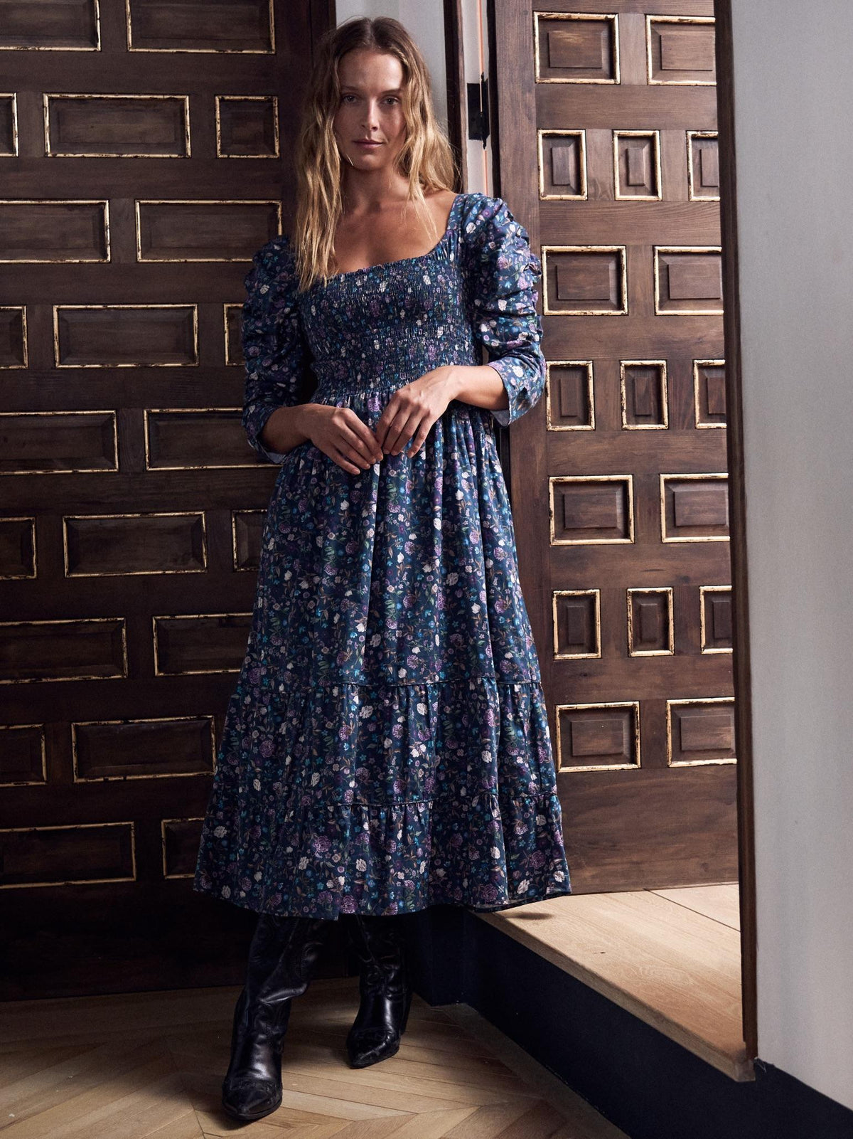 Navy Floral Ines Womens Long Dress