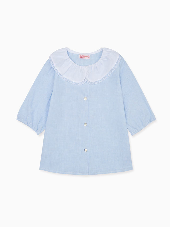 Light Blue Isolda Linen Mix Girl Shirt – La Coqueta Kids