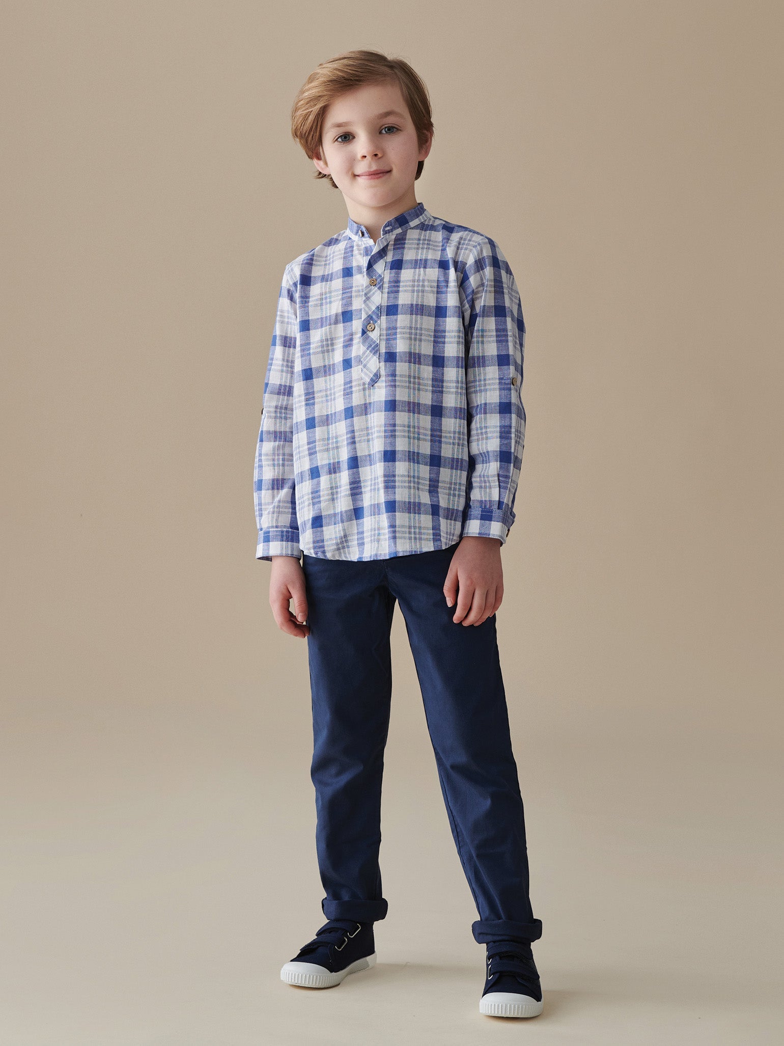 Blue Check Jazmin Cotton Long Sleeve Boy Shirt