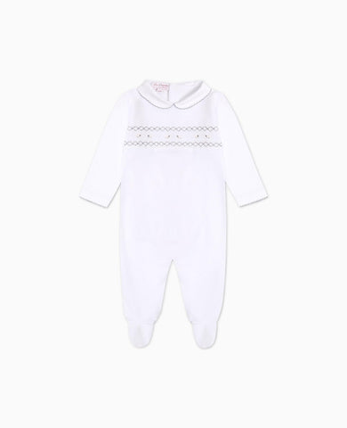 White Lamb Baby Girl Hand-Smocked Sleepsuit