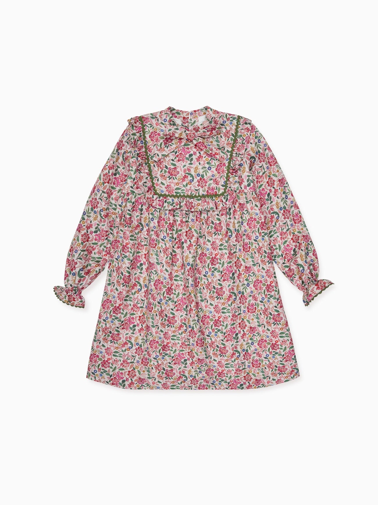 Floral print dress with a delicate red and green flower pattern, featuring ruffled cuffs and a decorative front panel.