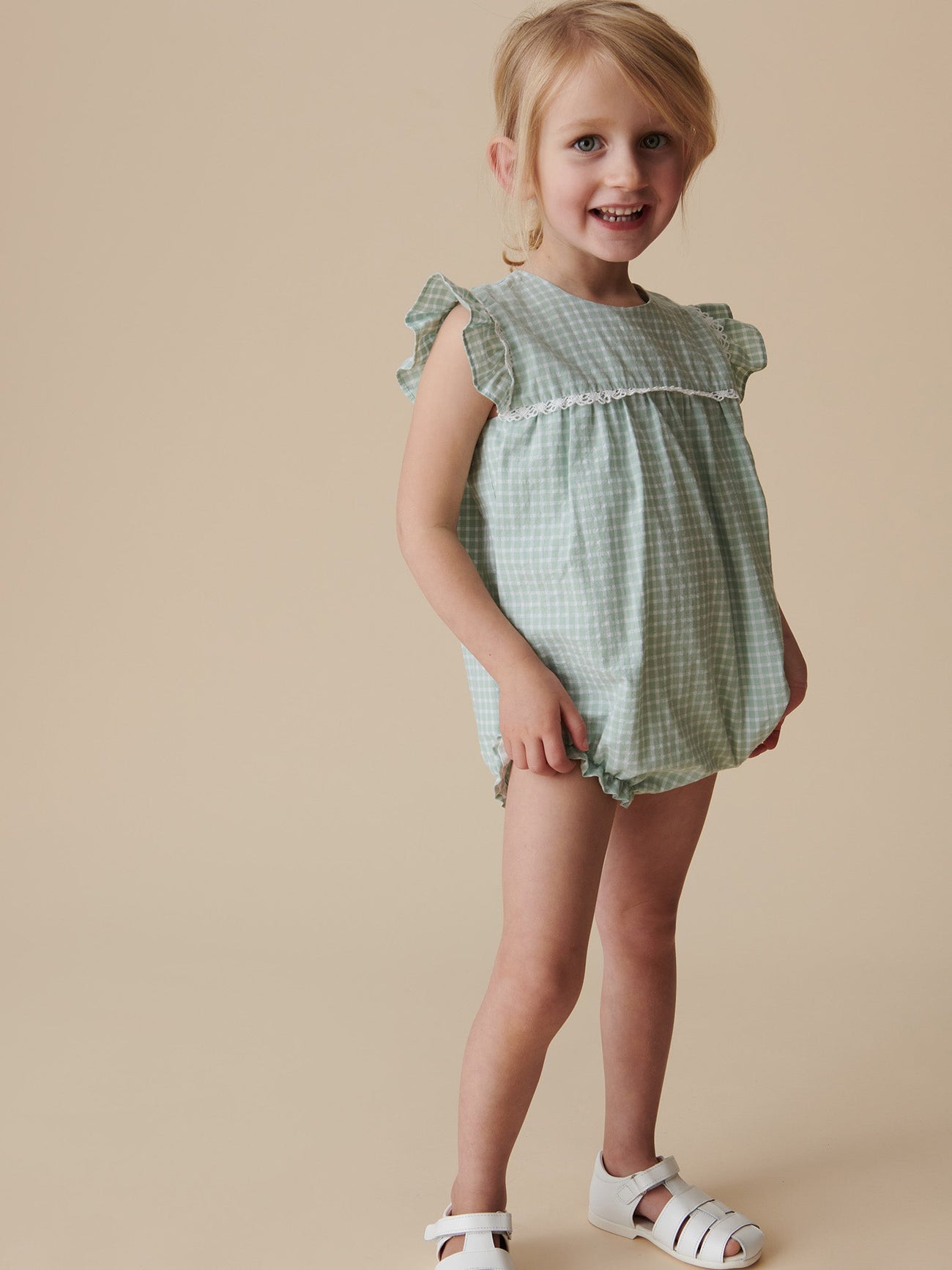 Sage Gingham Lenora Baby Girl Romper