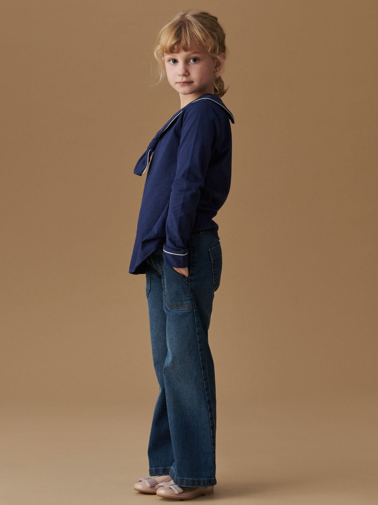 Navy Leya Long Sleeve Girl Top