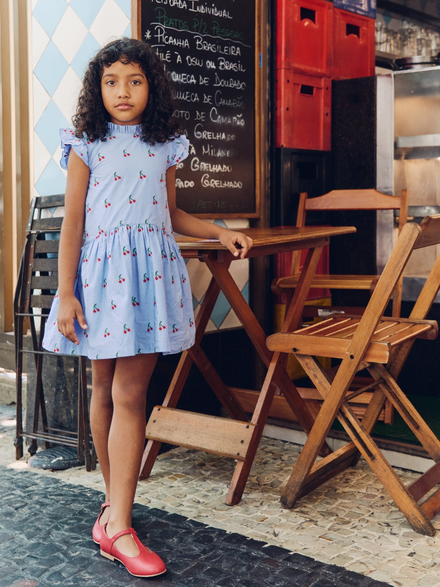 Light Blue Cherry Rita Girl Drop Waist Dress | La Coqueta US – La