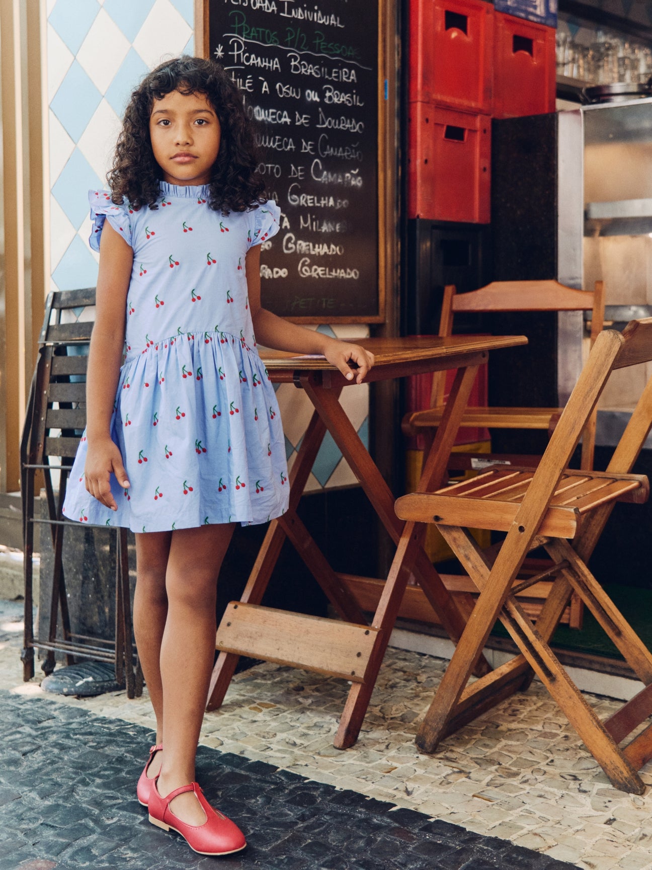 Light Blue Cherry Rita Girl Drop Waist Dress | La Coqueta US La Coqueta Kids Light Blue Cherry Rita Girl Drop Waist Dress | La Coqueta US La Coqueta Kids