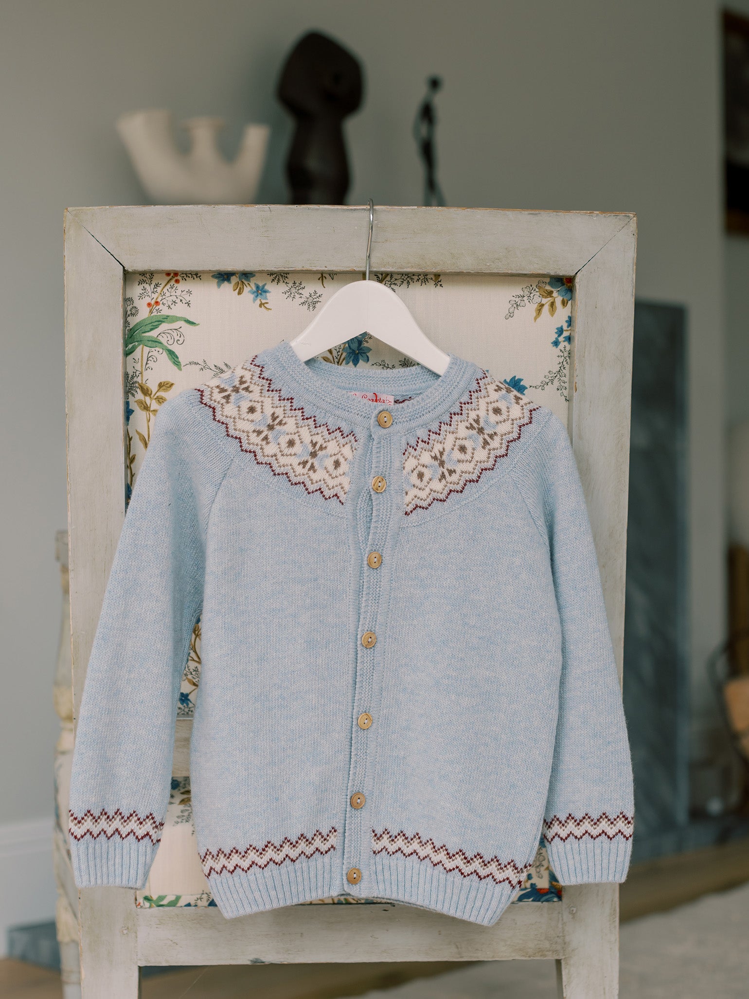 Light Blue Merino Fair Isle Girl Cardigan La Coqueta Kids