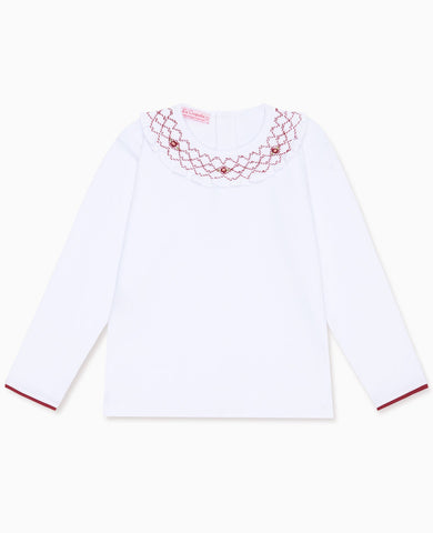 White Liliana Long Sleeve Girl Hand-Smocked Top