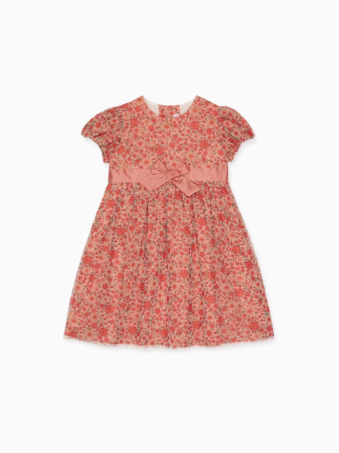Girls' elegant floral dress in pink hues with puffed sleeves, featuring a silk bow and delicate floral pattern for special occasions.