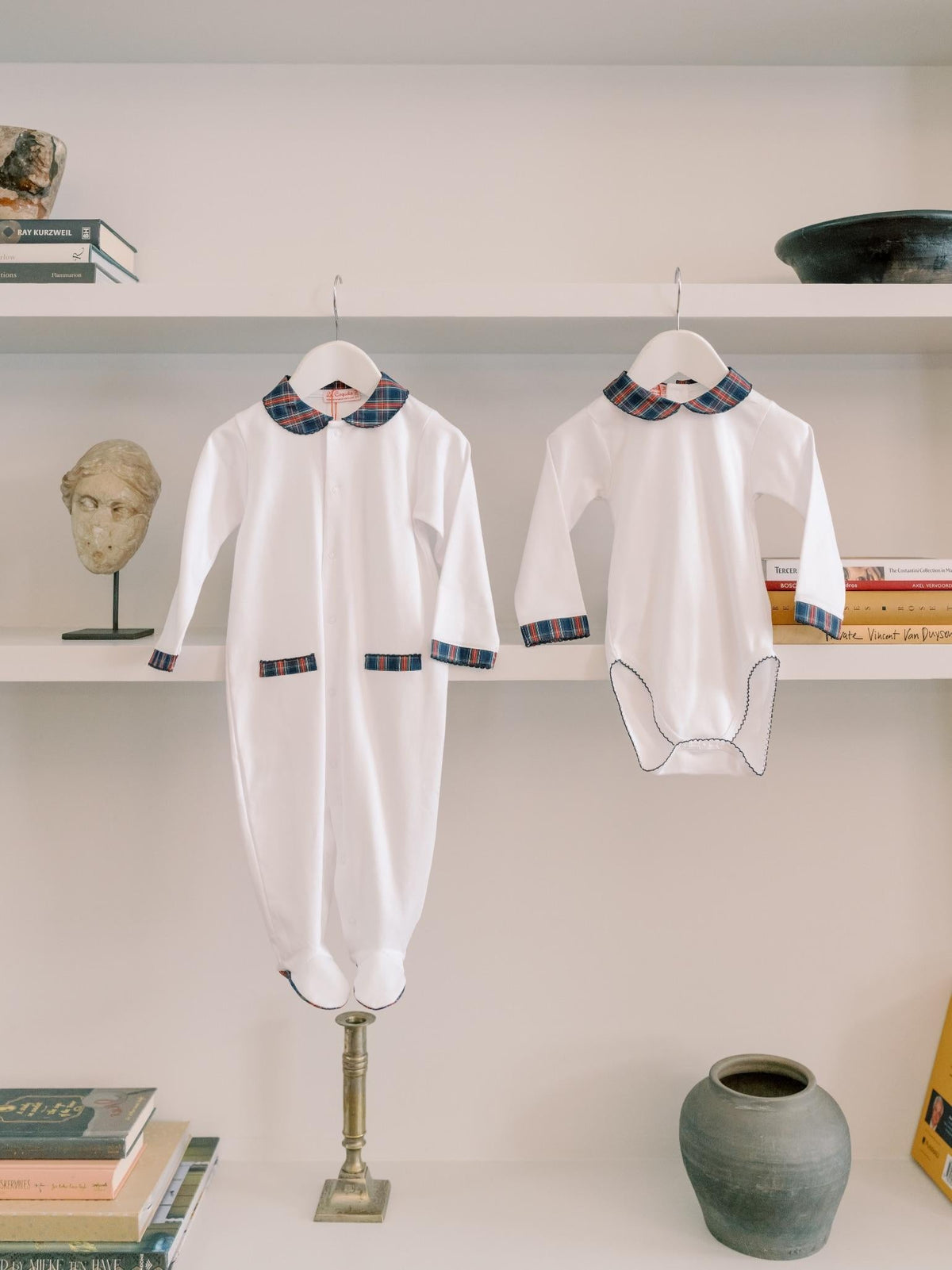 White & Navy Tartan Bastia Baby Body Vest
