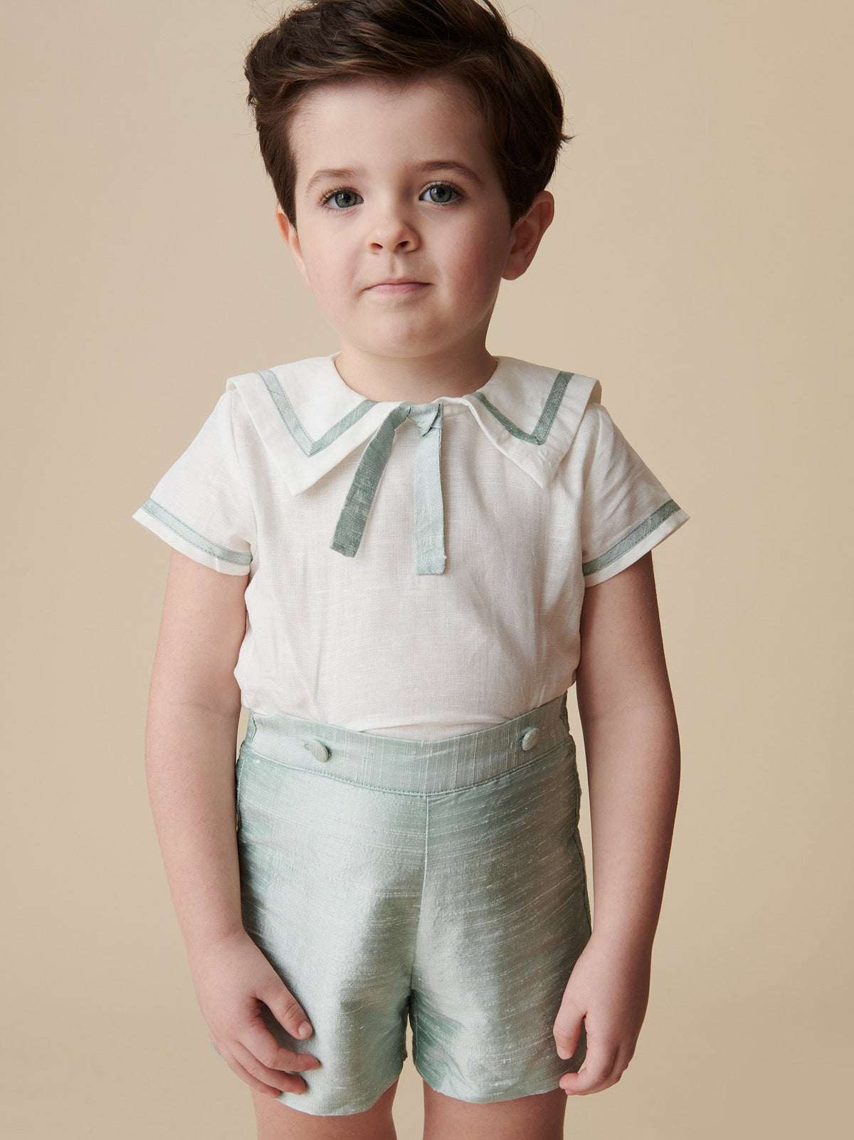 Sage Green Lirio Ceremony Silk Baby Boy Set | La Coqueta Kids US