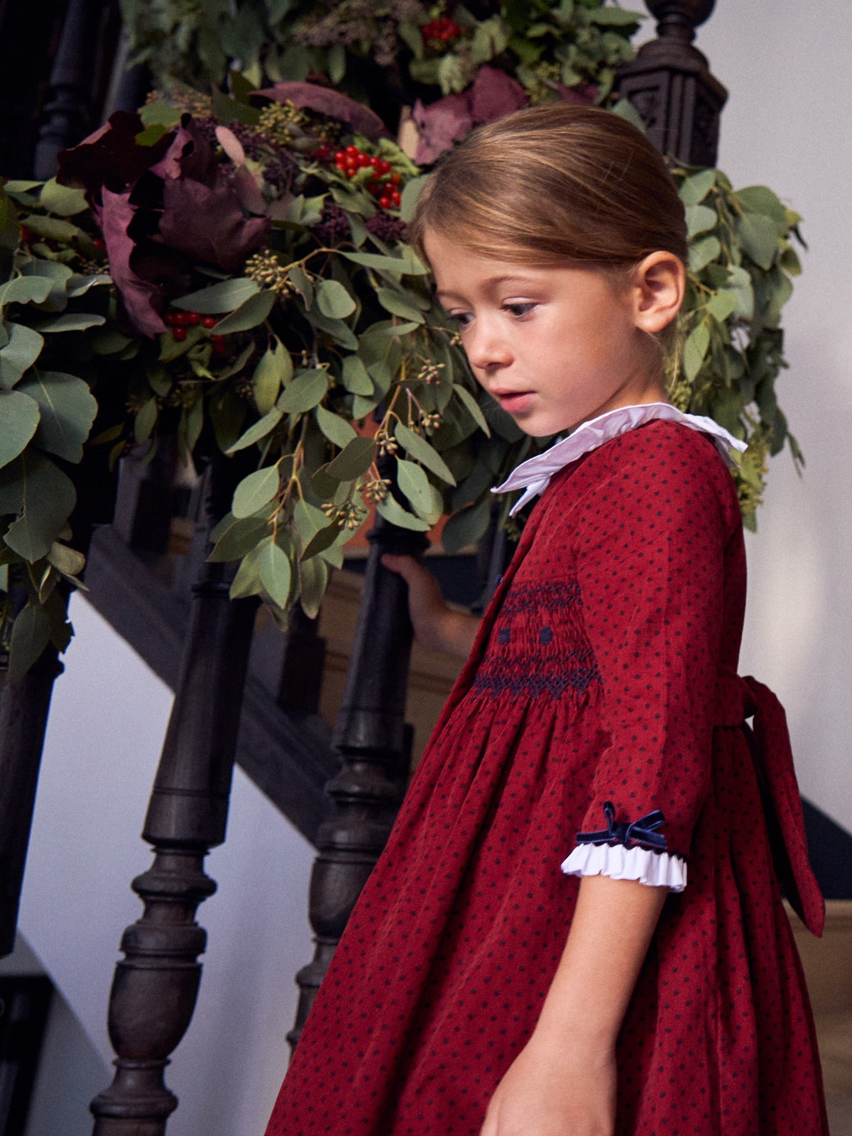 Burgundy Polka Dot Magdalena Corduroy Girl Hand-Smocked Dress