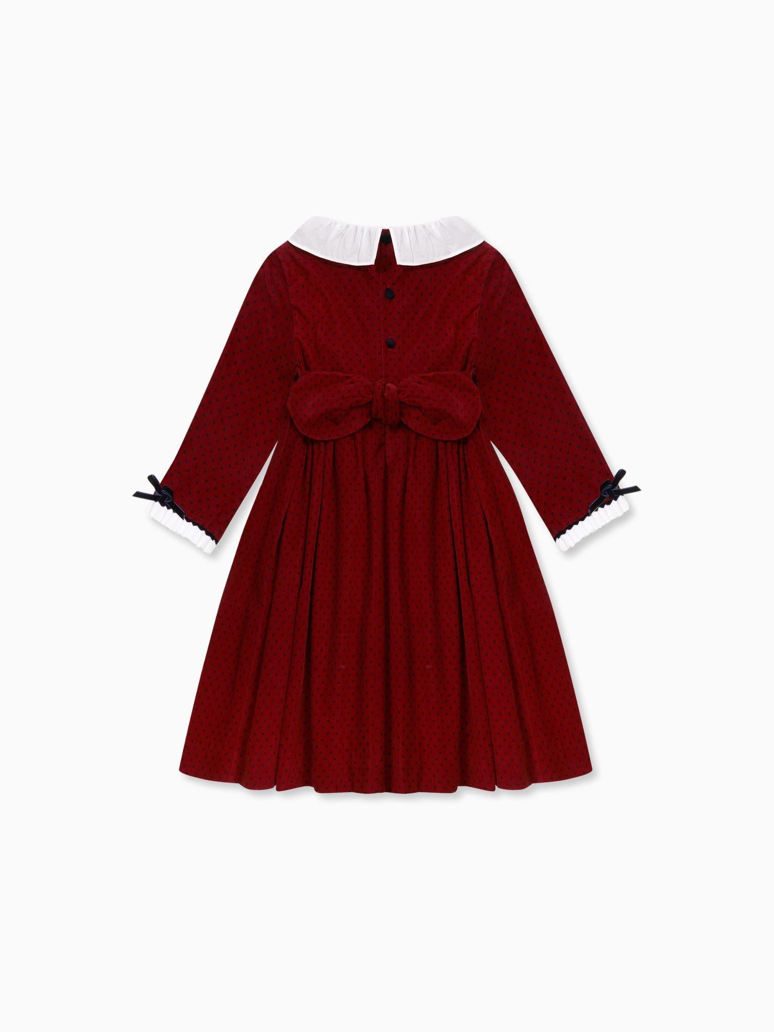 Burgundy Polka Dot Magdalena Corduroy Girl Hand-Smocked Dress