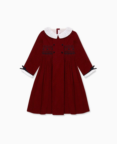 Burgundy Polka Dot Magdalena Corduroy Girl Hand-Smocked Dress