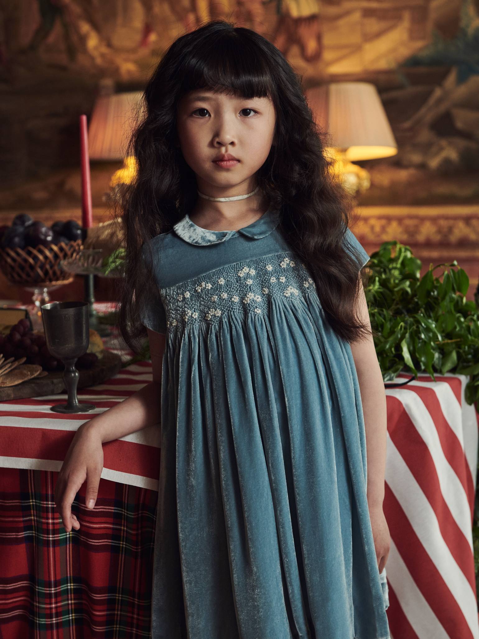 Light Blue Marcita Velvet Girl Hand-Smocked Dress