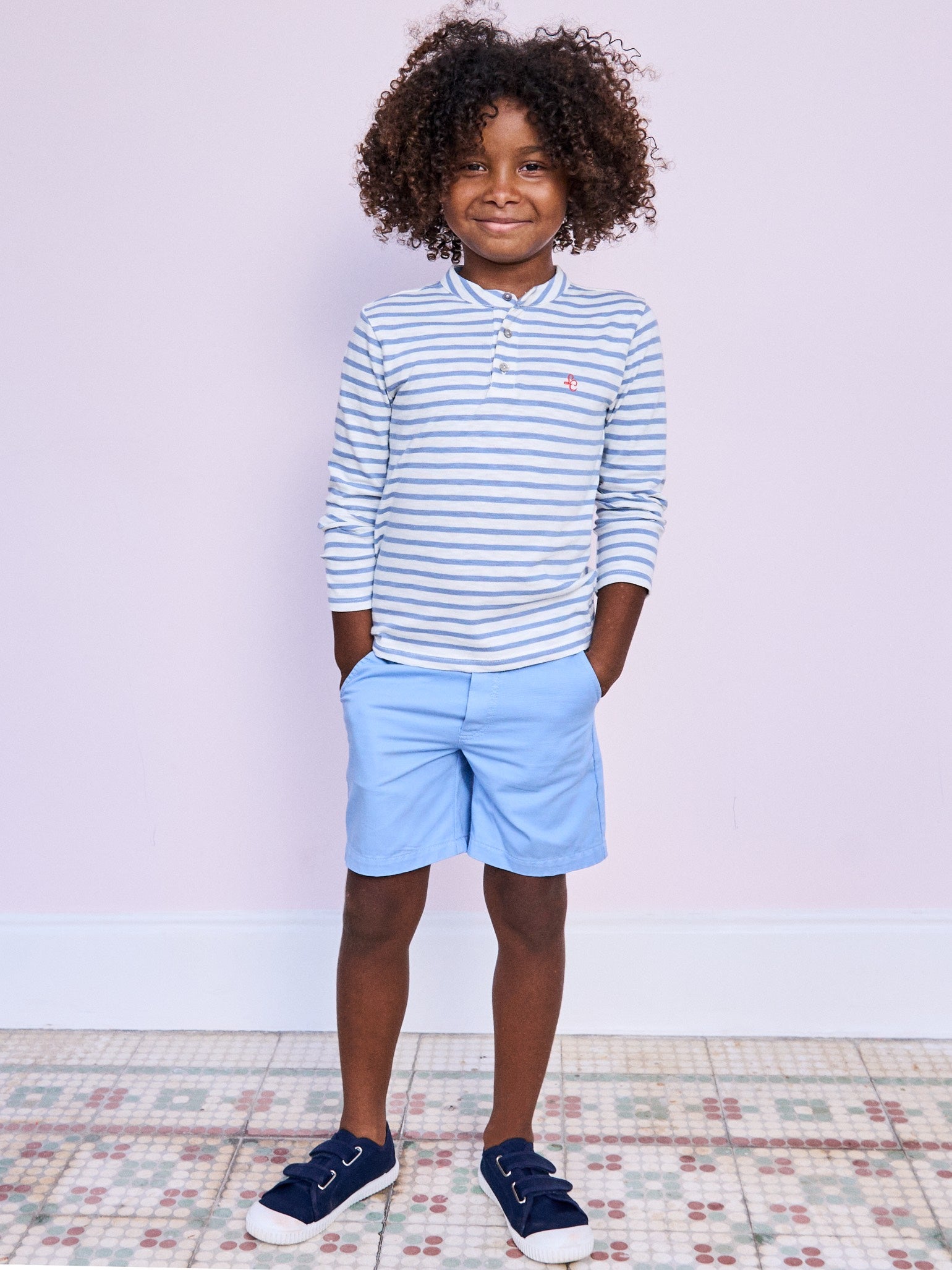 Dusty Blue Stripe Marco Long Sleeve Boy Polo Shirt
