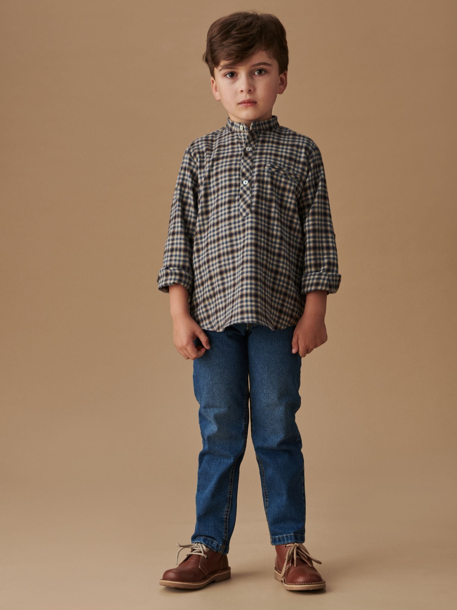 Navy Check Mateo Long Sleeve Boy Shirt | La Coqueta Kids UK