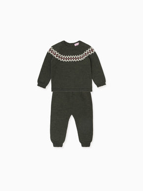 Olive Green Merino Fair Isle Knitted Baby Set