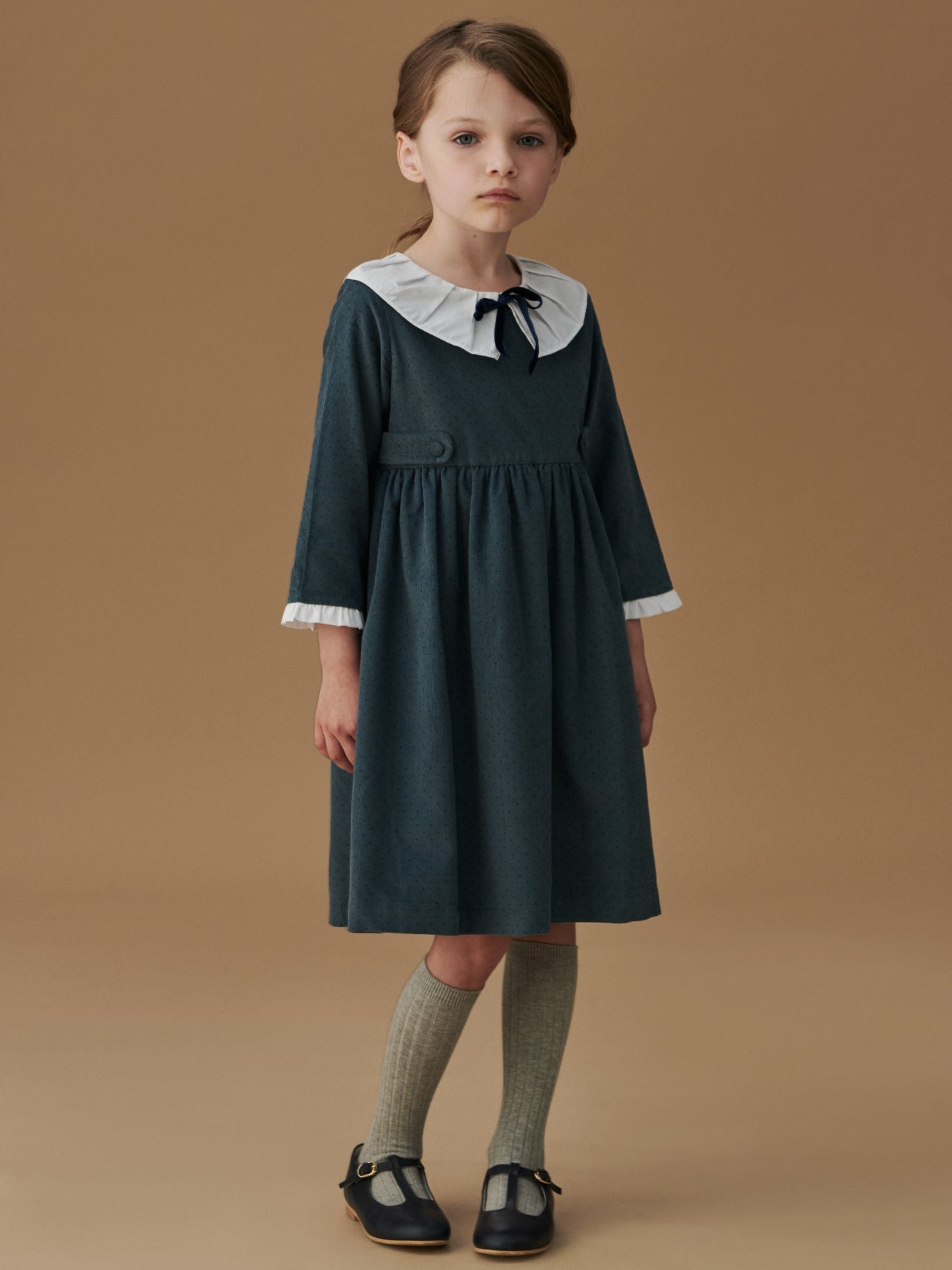 【SALE】LESQUE MHAK COLORPATTERN7.5”【KIDS】 Blue Polka Dot Mona Corduroy Girl Dress | Timeless Corduroy Style