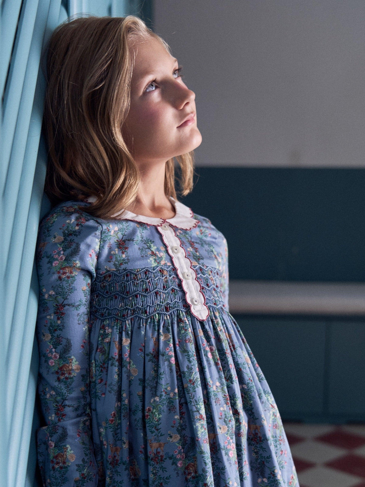 Blue Deer Floral Noelia Girl Hand-Smocked Dress