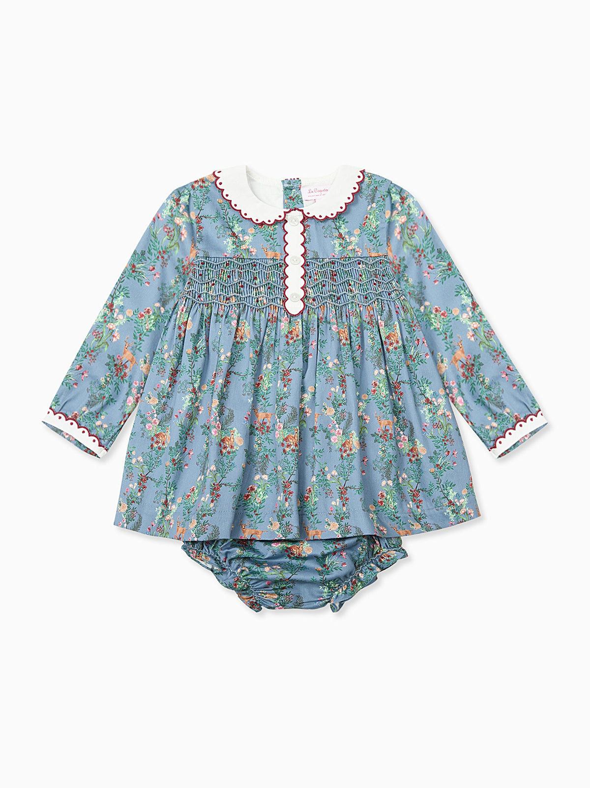 Blue Deer Floral Noelia Baby Girl Hand-Smocked Set