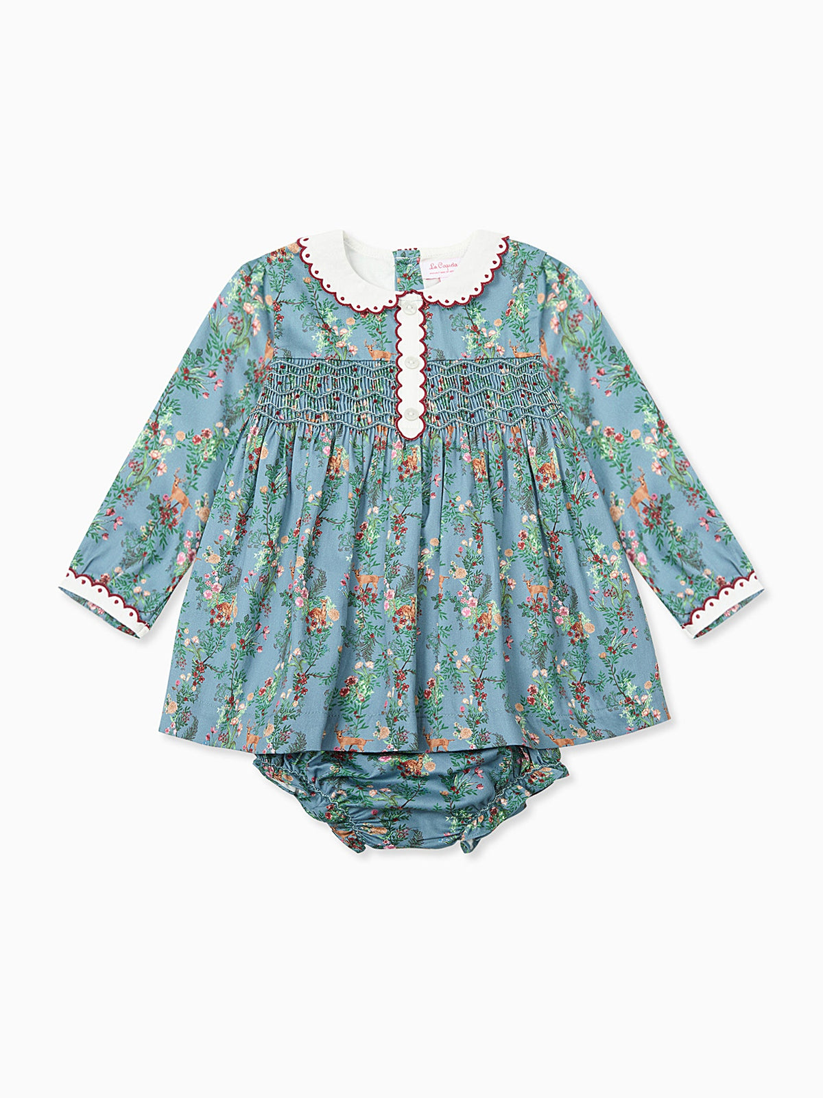 Blue Deer Floral Noelia Baby Girl Hand-Smocked Set