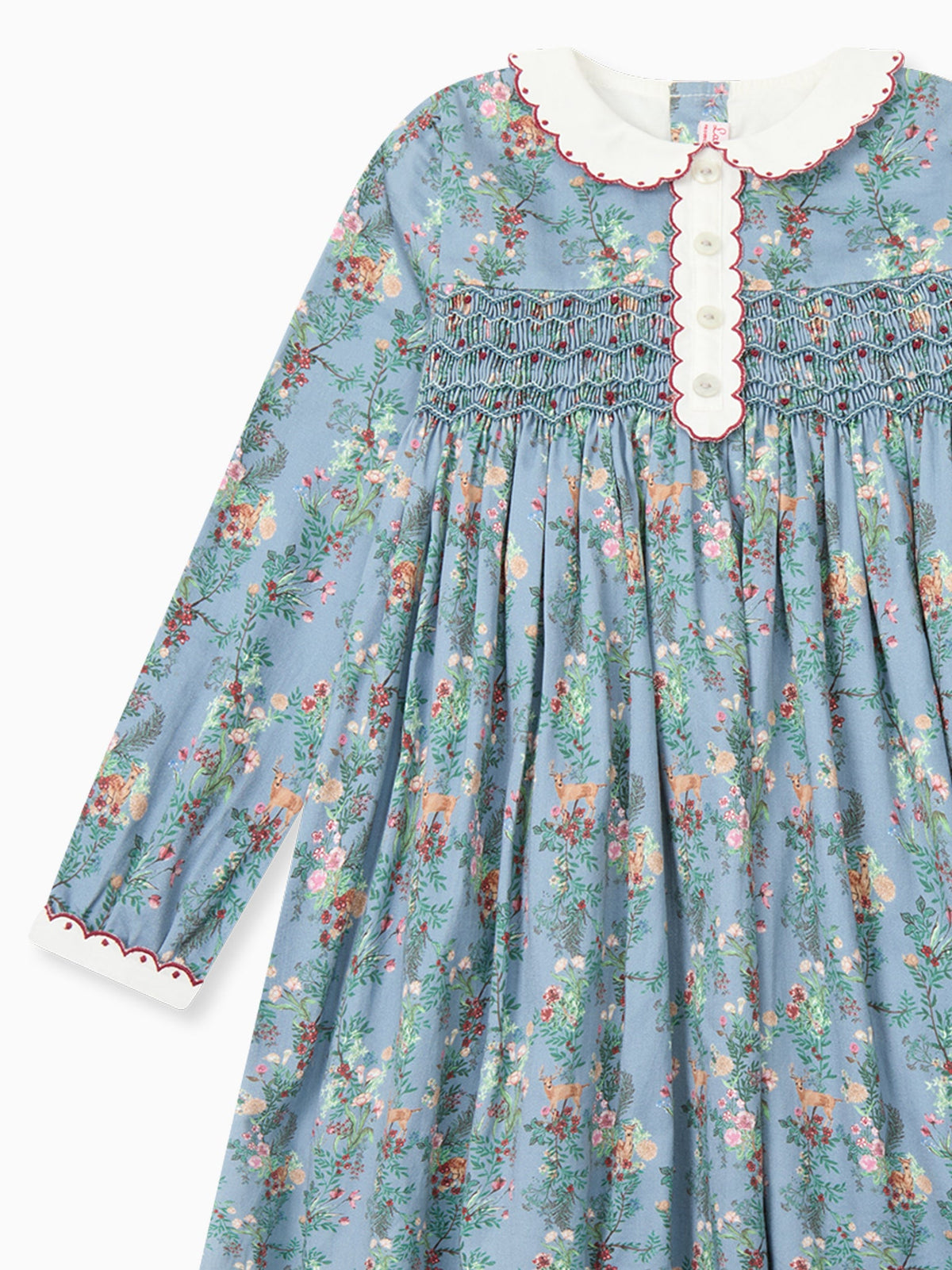 Blue Deer Floral Noelia Girl Hand-Smocked Dress