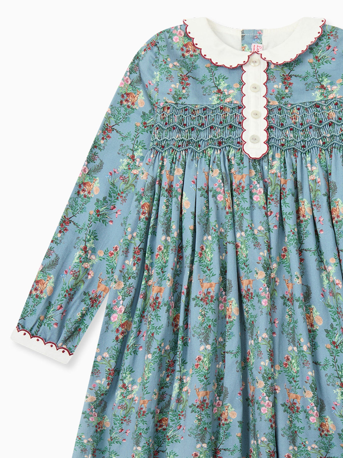 Blue Deer Floral Noelia Girl Hand-Smocked Dress