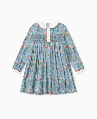 Blue Deer Floral Noelia Girl Hand-Smocked Dress