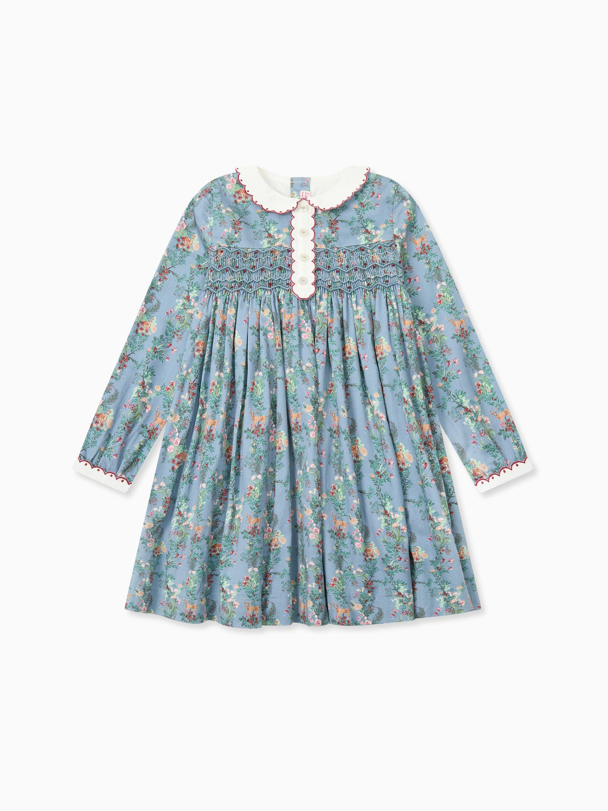 Blue Deer Floral Noelia Girl Hand-Smocked Dress