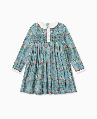 Blue Deer Floral Noelia Girl Hand-Smocked Dress