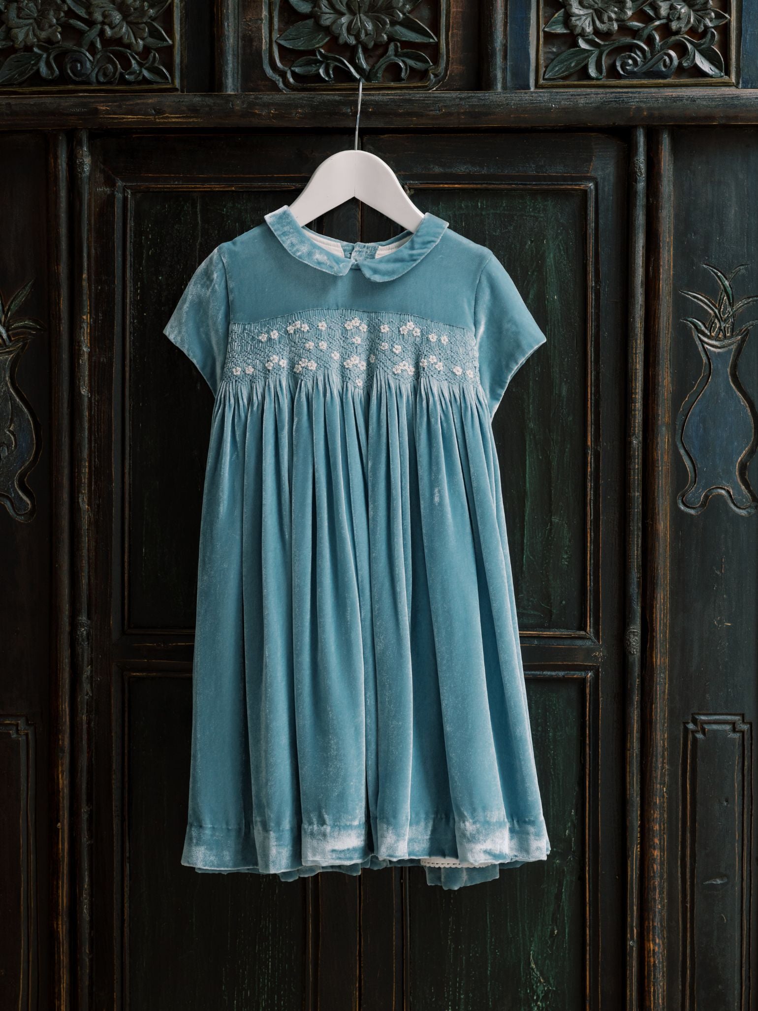 Light Blue Marcita Velvet Girl Hand-Smocked Dress