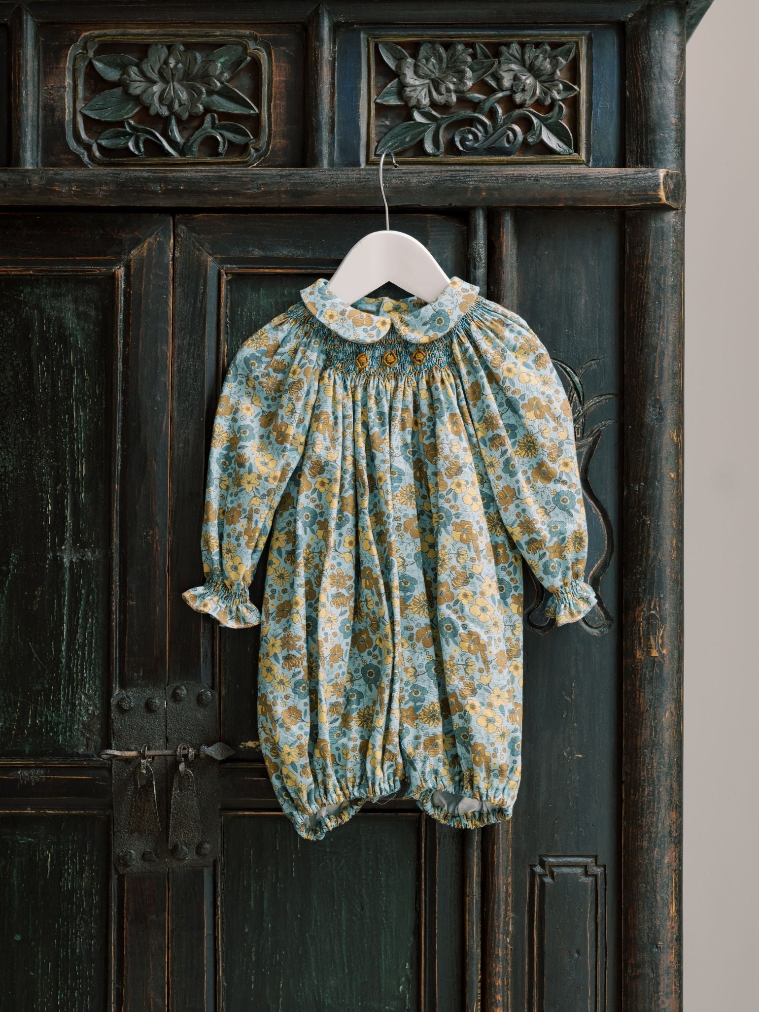 Blue Floral Palma Baby Girl Hand-Smocked Romper