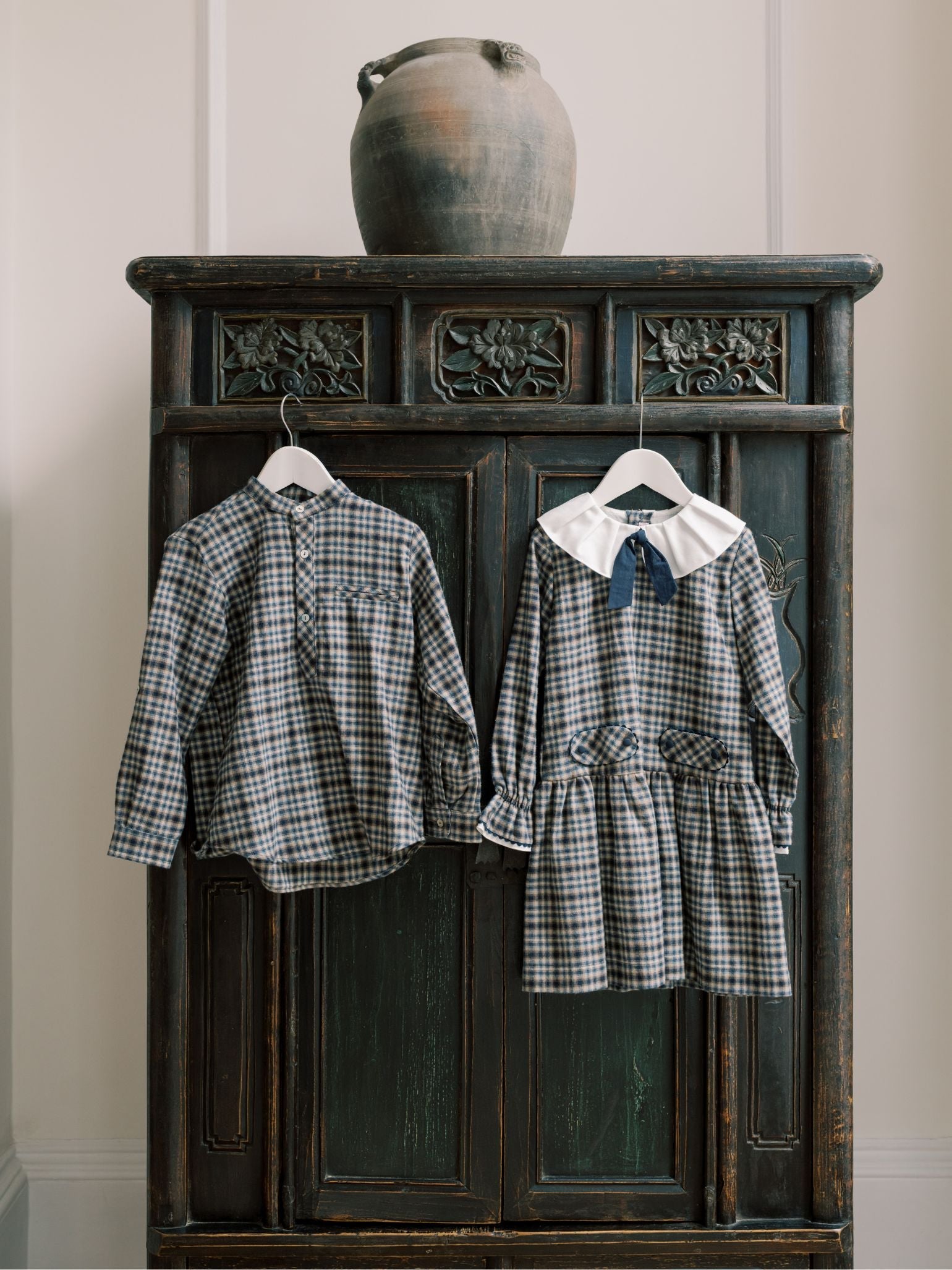 Navy Check Tessa Girl Drop Waist Dress