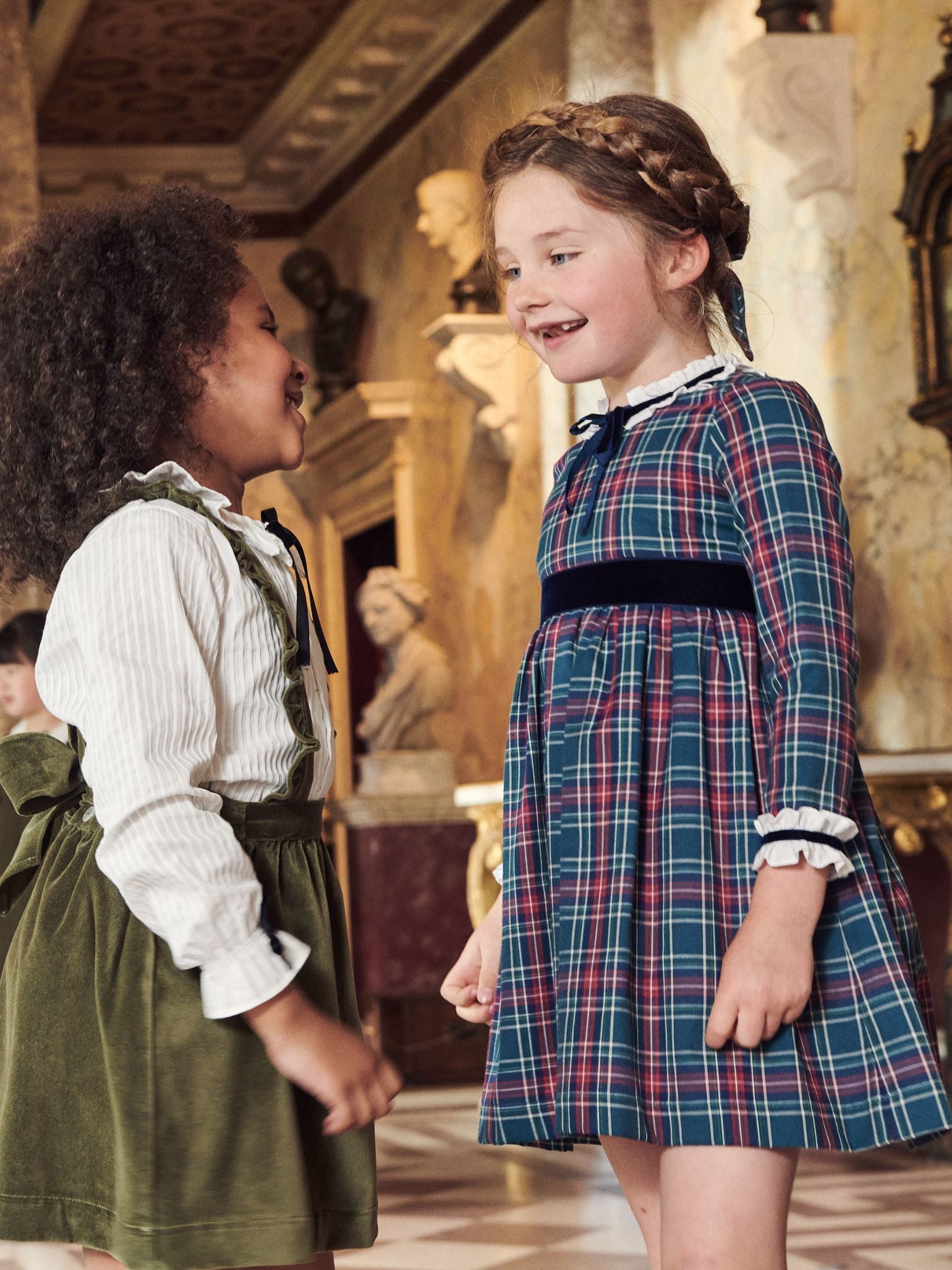 Green Reina Velvet Girl Pinafore Skirt