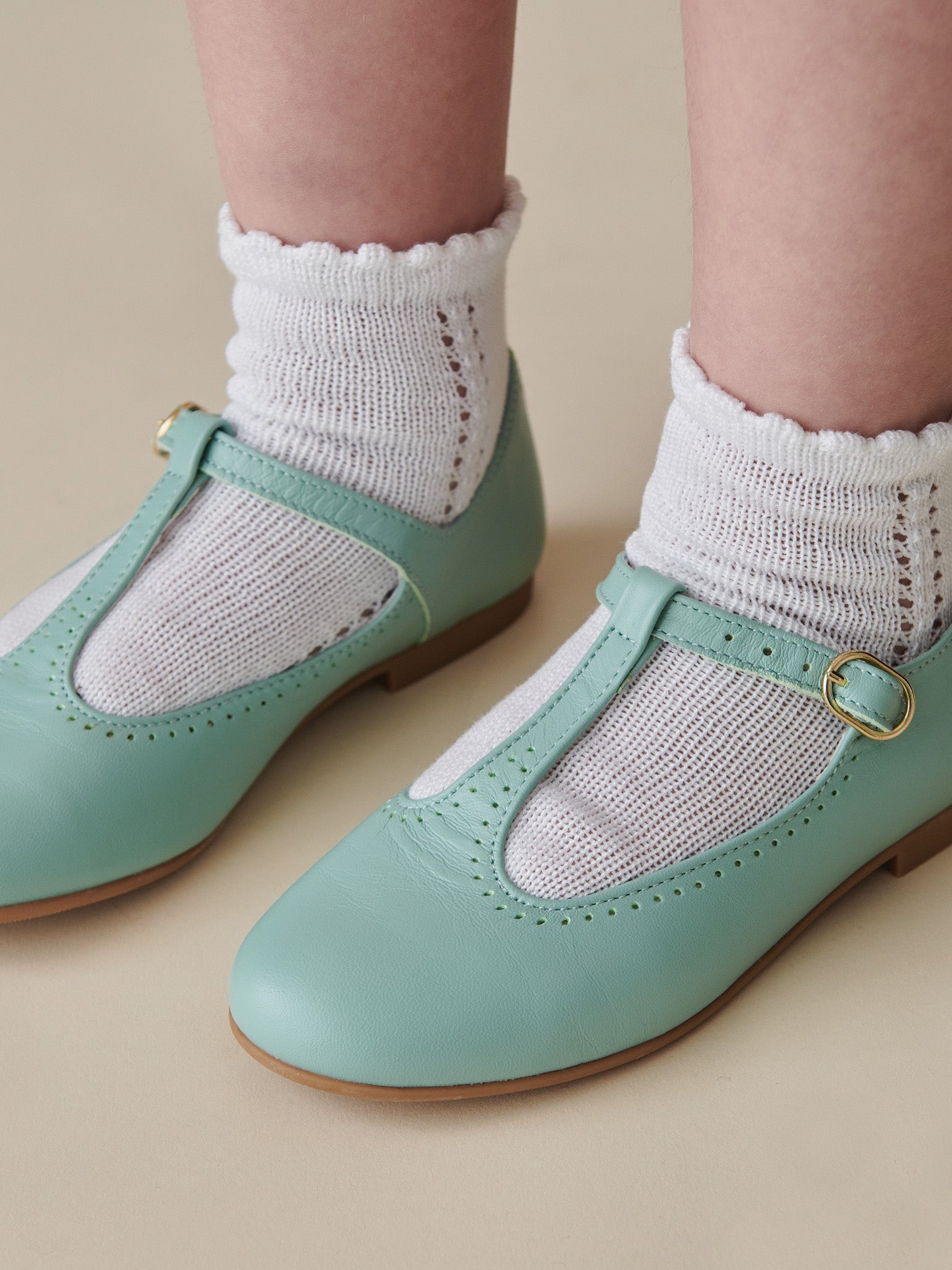 Pale Green Leather Girl T-Bar Shoes