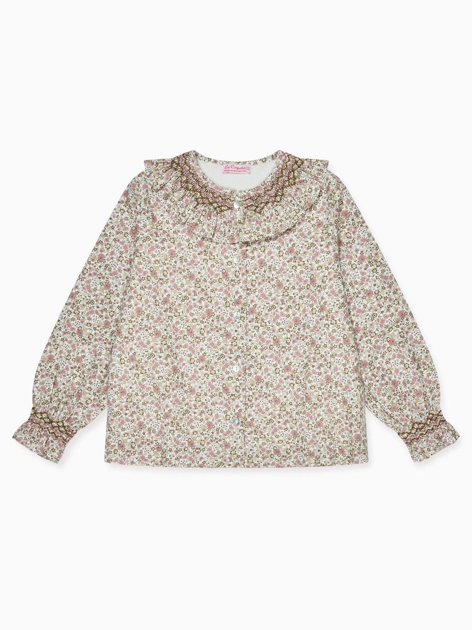 Pink Floral Emanuela Long Sleeve Hand-Smocked Girl Shirt