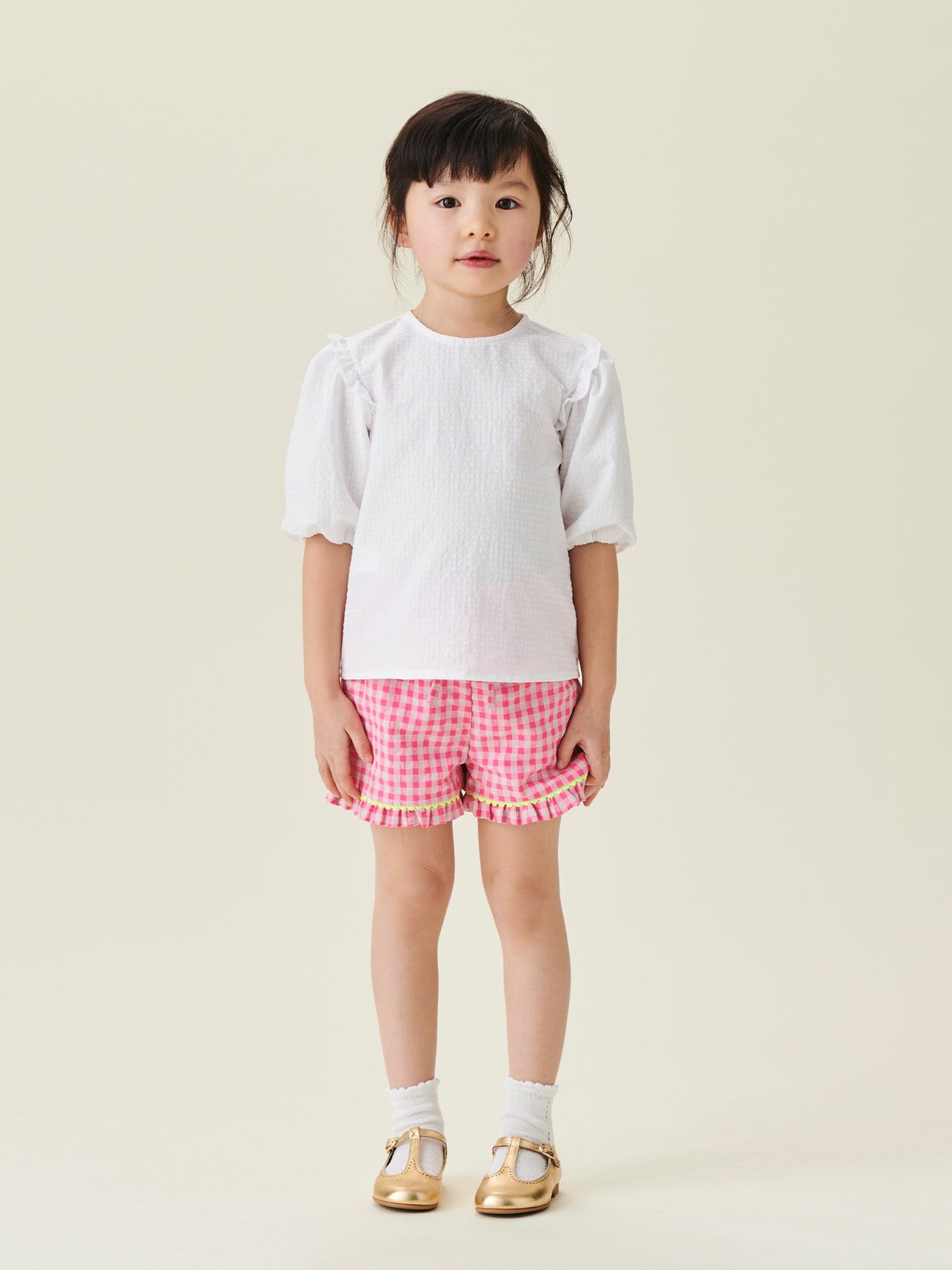 Pink Gingham Flores Girl Cotton Shorts