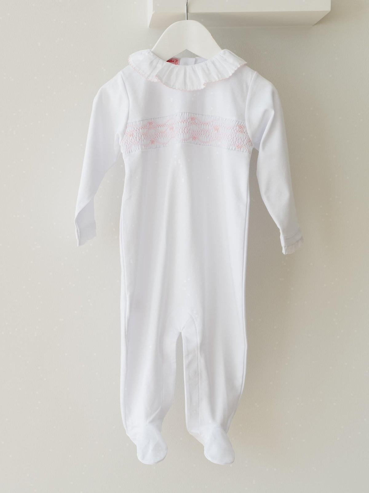 Pink Floral Bow Baby Girl Hand-Smocked Sleepsuit
