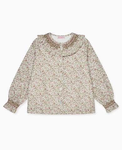 Pink Floral Emanuela Long Sleeve Hand-Smocked Girl Shirt