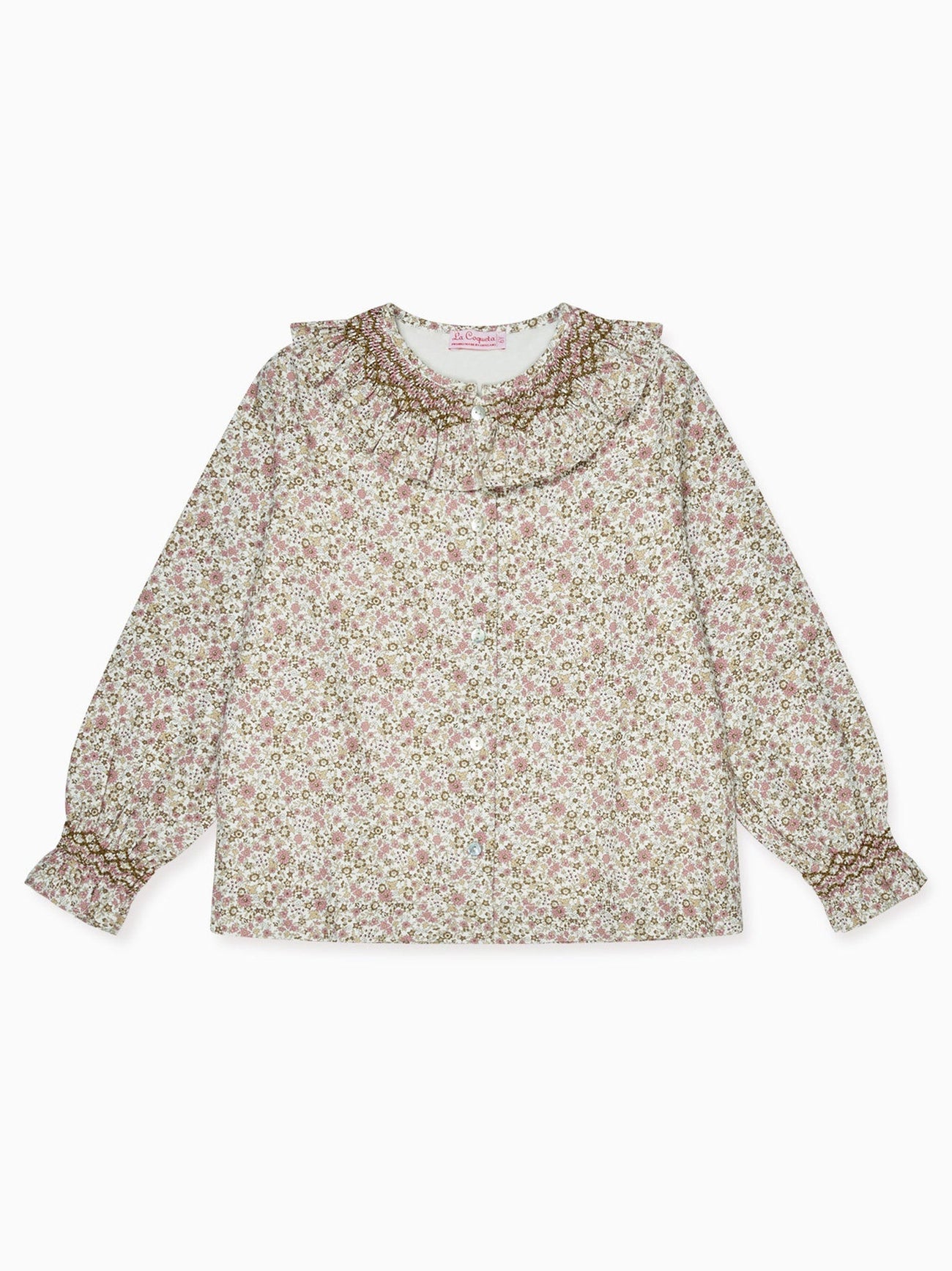 Pink Floral Emanuela Long Sleeve Hand-Smocked Girl Shirt