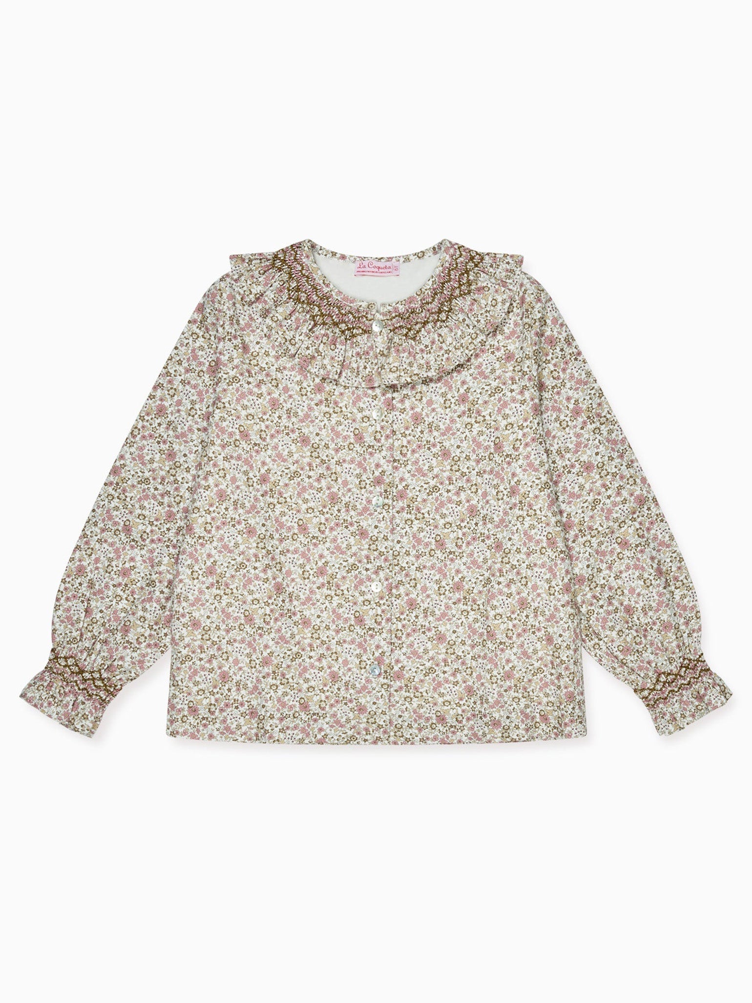 Pink Floral Emanuela Long Sleeve Hand-Smocked Girl Shirt