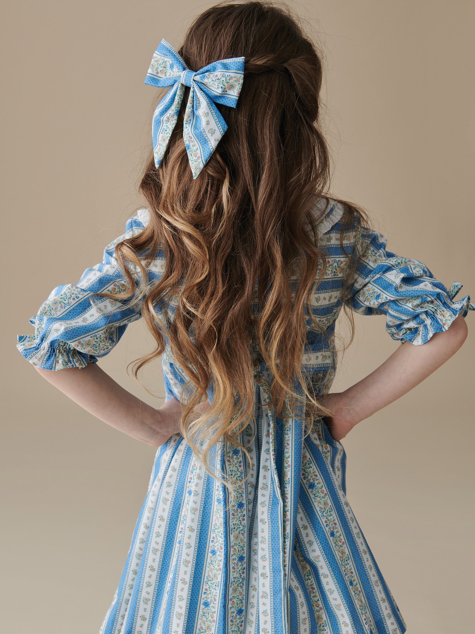 Blue Floral Stripe Girl Large Bow Clip