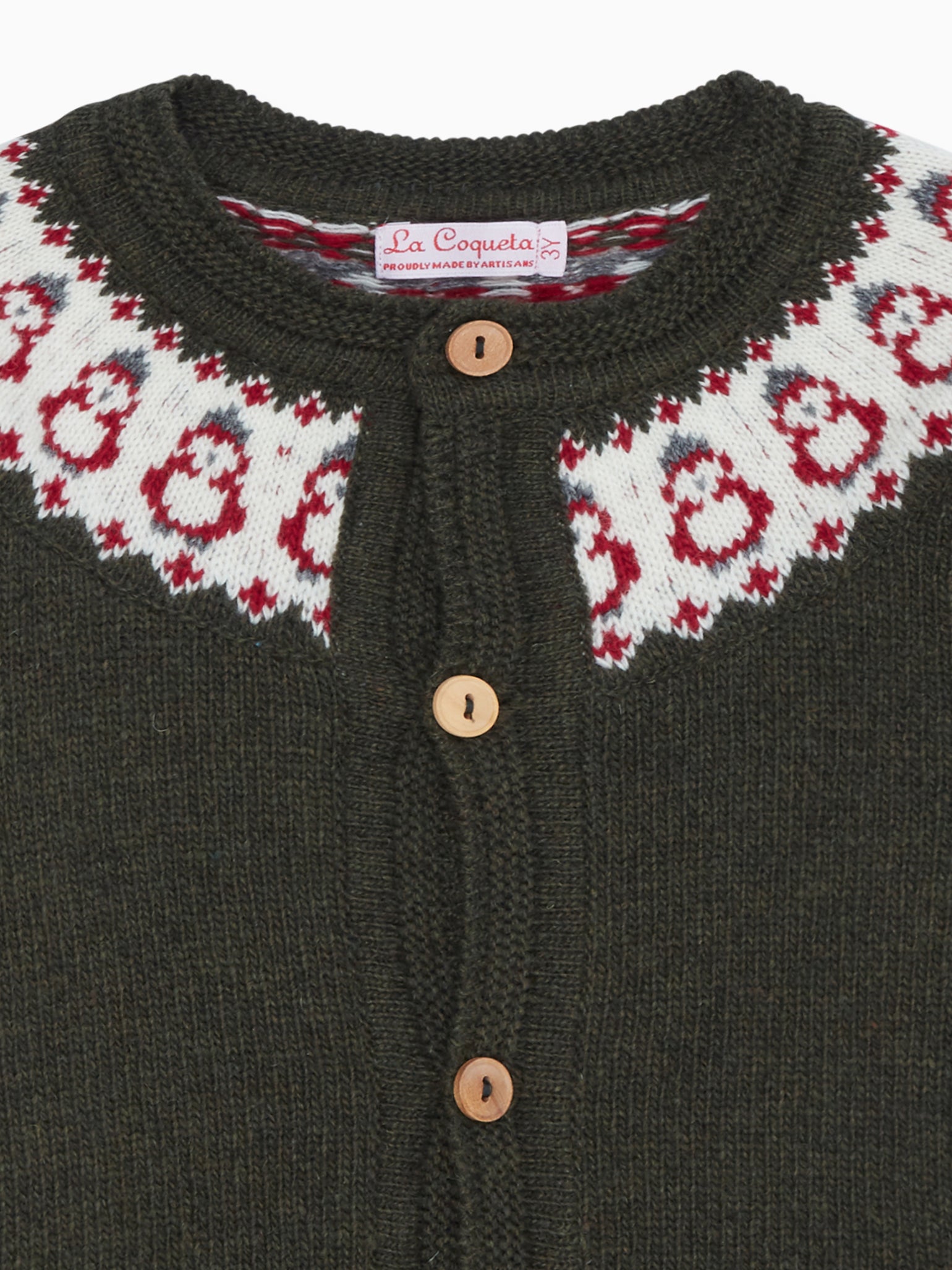 Olive Green Pura Fair Isle Merino Baby Cardigan