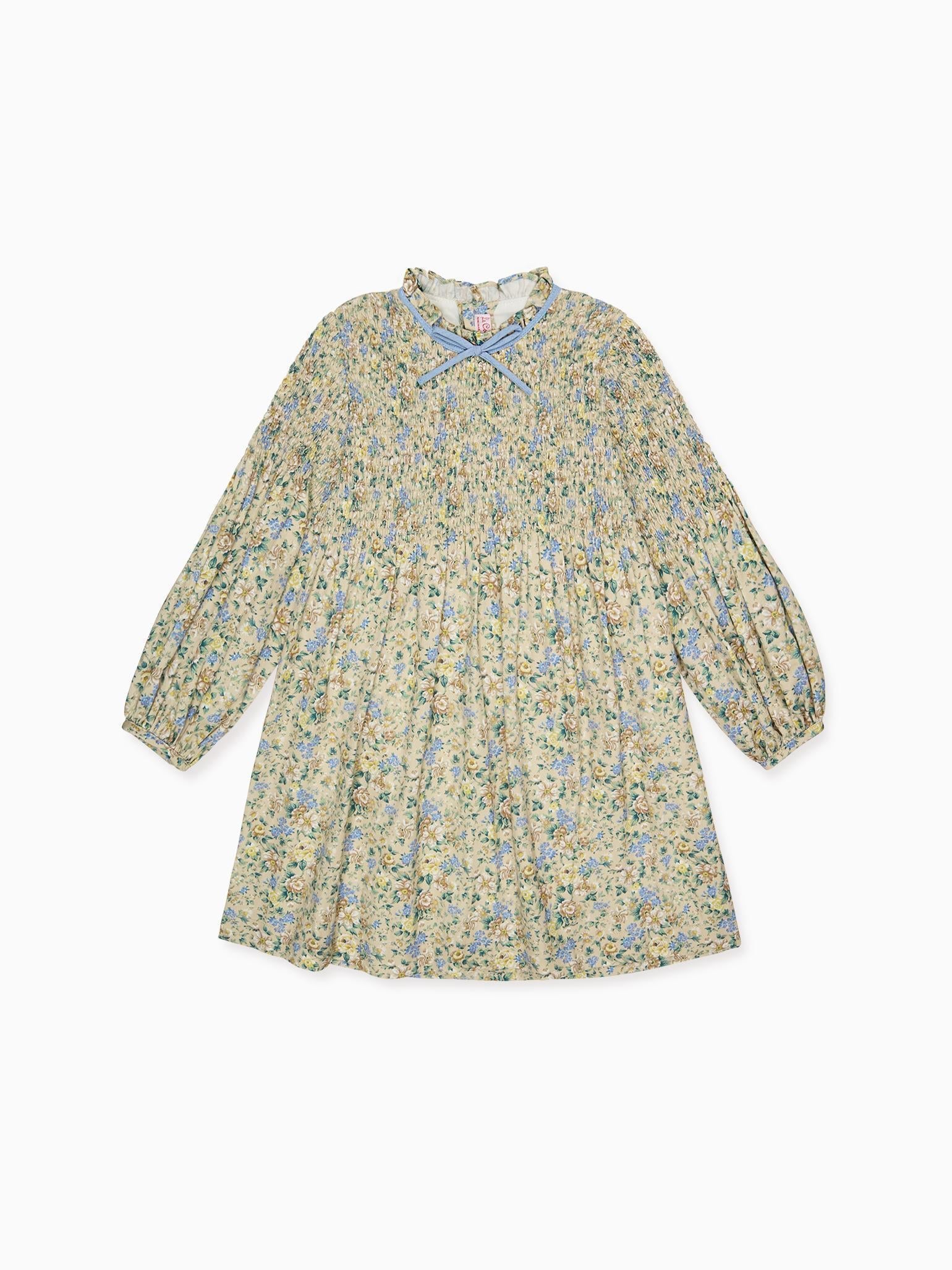 Beige Floral Raya Girl Hand-Smocked Dress