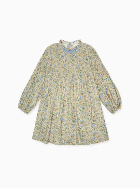 Beige Floral Raya Girl Hand-Smocked Dress
